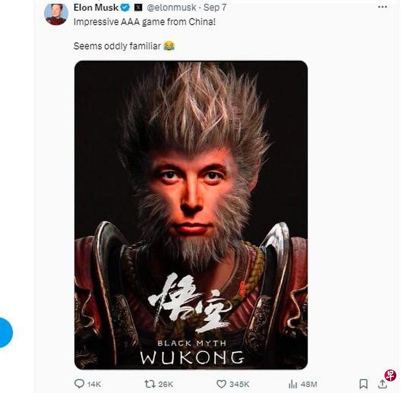 马斯克点赞《黑神话：悟空》中国游戏《黑神话：悟空》火爆全球，美国电动车巨头特斯拉创办人马斯克也在社交媒体发文点赞