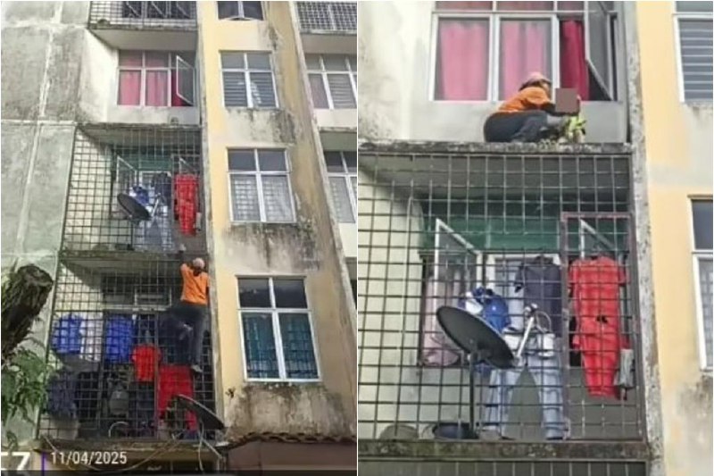 马国小孩跌三楼窗外 邻居爬铁窗救人马来西亚雪兰莪州蒲种市一个小孩疑玩耍时，不慎从组屋住所三楼的窗口跌出外，危坐在沿墙上，吓得孩童母亲求助邻居，将他救下